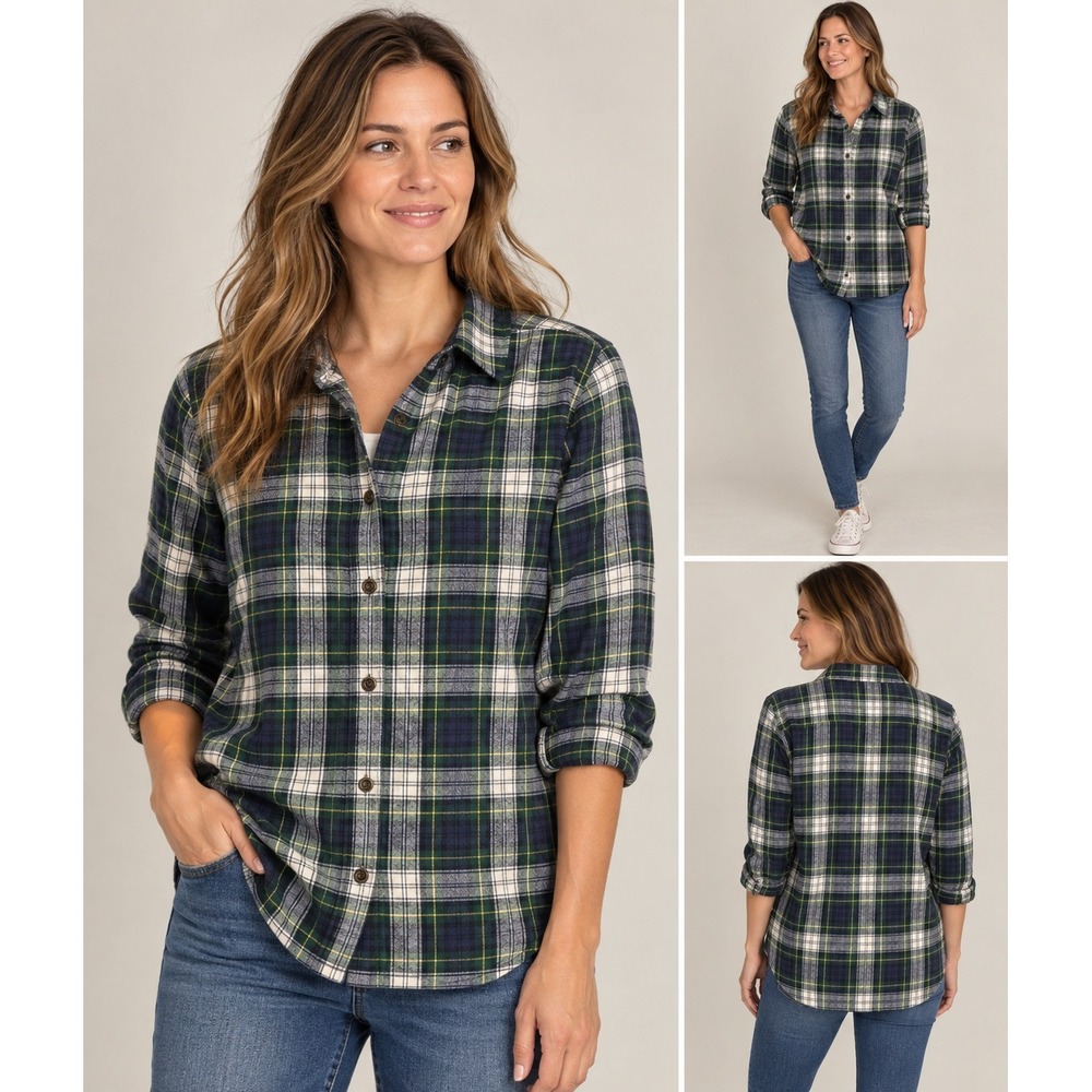 L.L.Bean Flannel Shirt Size L Blue Green Plaid Relaxed Fit Cotton Button Down